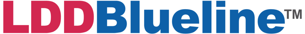LDD BLueline Logo. LDD is red and Blueline is blue
